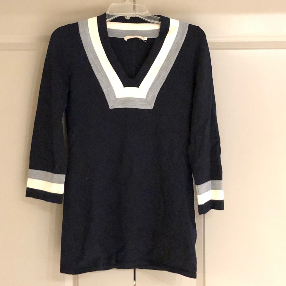 Tory Burch Navy Tunic Sweater with Stripe Details